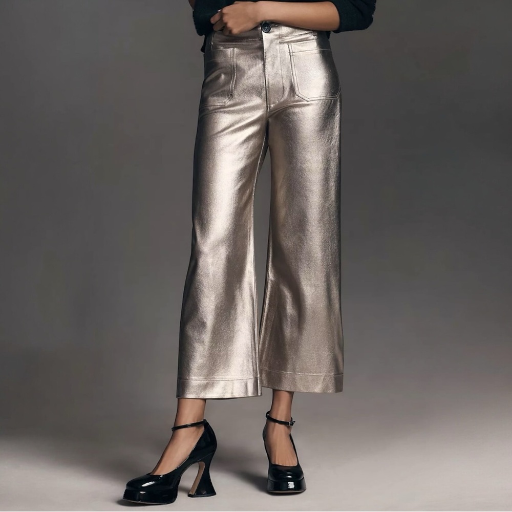MAEVE x ANTHROPOLOGIE The Colette Metallic Faux Leather‎ Cropped Wide-Leg Pants